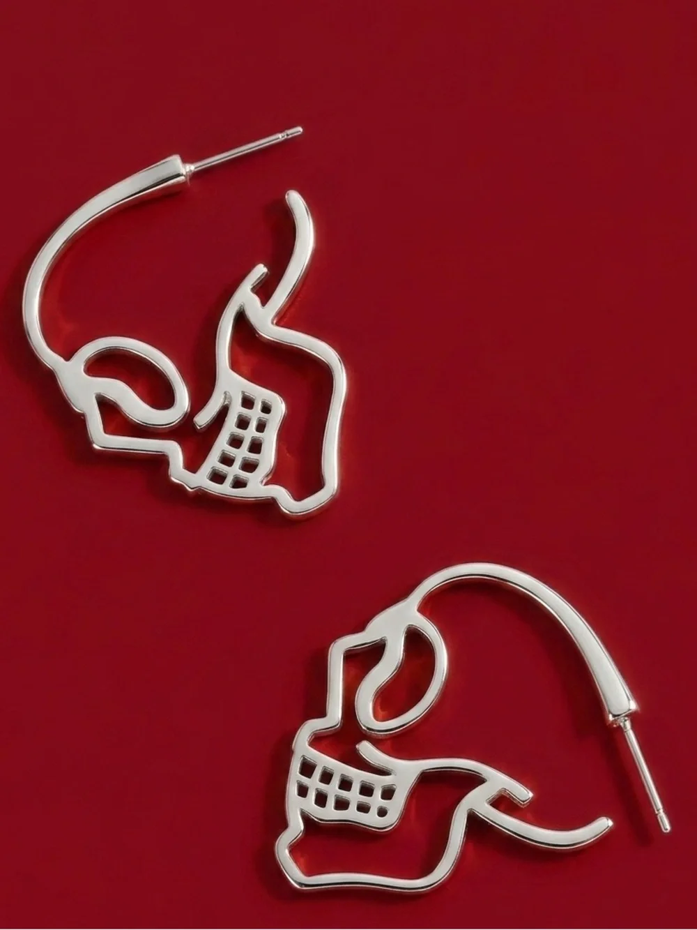 “Skull Profile” Skeleton Outline Cut-Out Hollow Gothic Punk Macabre Silver Hoops
